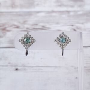 Vintage Screw Back Earrings Blue & Clear Gem - Tarnished